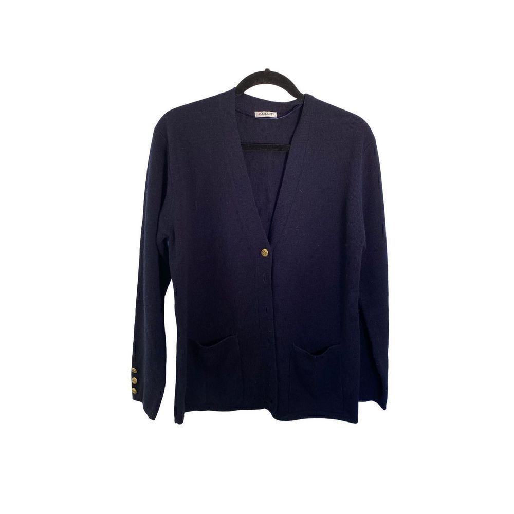 Damart women’s wool blend navy blue button up cardigan, size medium